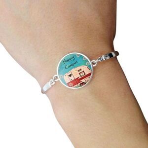 NEW Vintage Happy Camper Colorful Silver Hinged Bracelet Trailer RV Jewelry